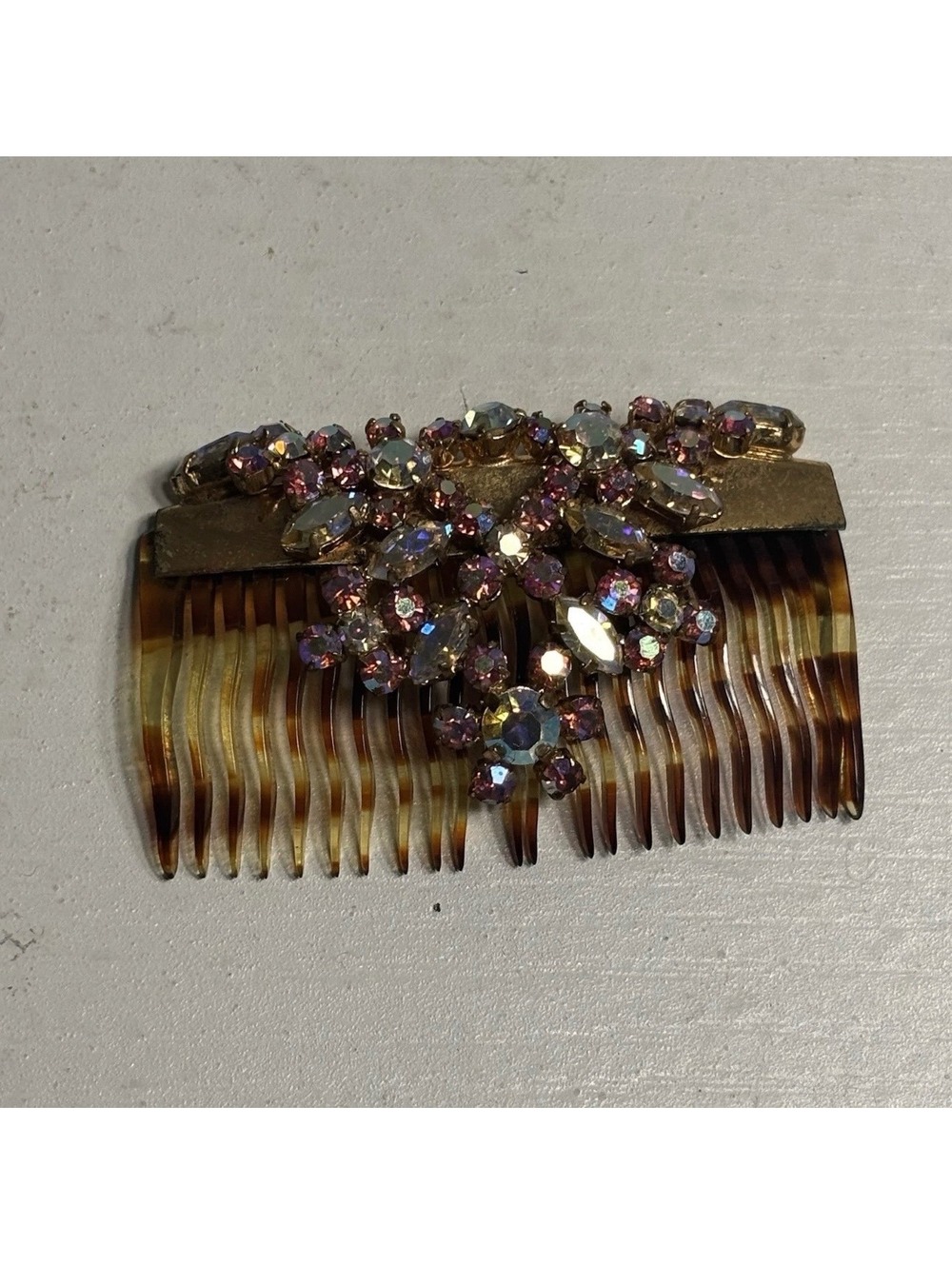 Vintage AB Rhinestone Prong Set Brown Tortoise Shell Hair Comb
